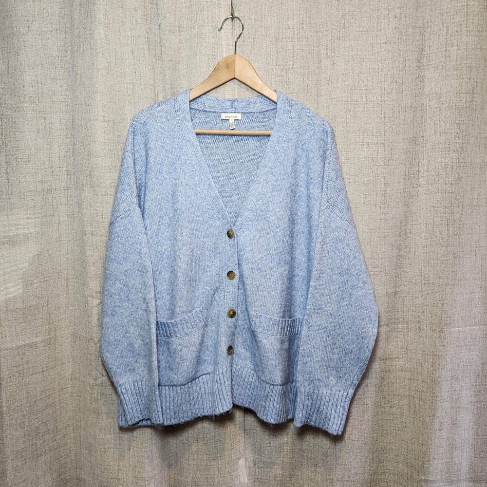 Ella Moss Button Up Cardigan Women's XL Blue Deep V-Neck Pockets Grannycore